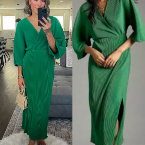 By Anthropologie Plisse V-Neck Wrap Midi Dress Emerald Kelly Green Medium - Picture 1 of 9